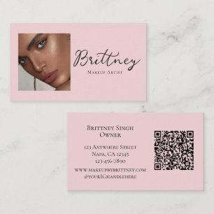 Cartão De Visita Código QR de Maquiagem de Foto com Letra Rosada