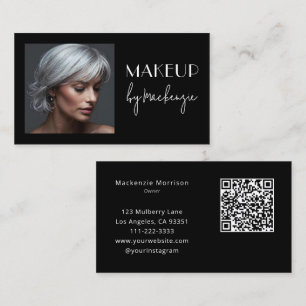 Cartão De Visita Código QR de Maquiagem de Foto de Letra Preta Eleg