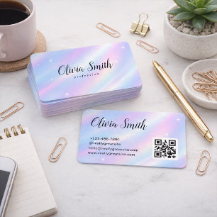 Cartão De Visita Código QR de Marca com Script Iridescente Pastel E