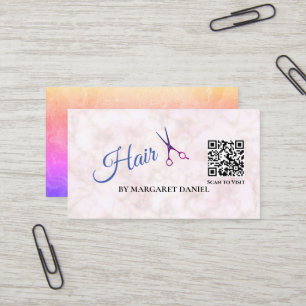 Cartão De Visita Código QR de Mármore Branco de Corte de Cabelo de