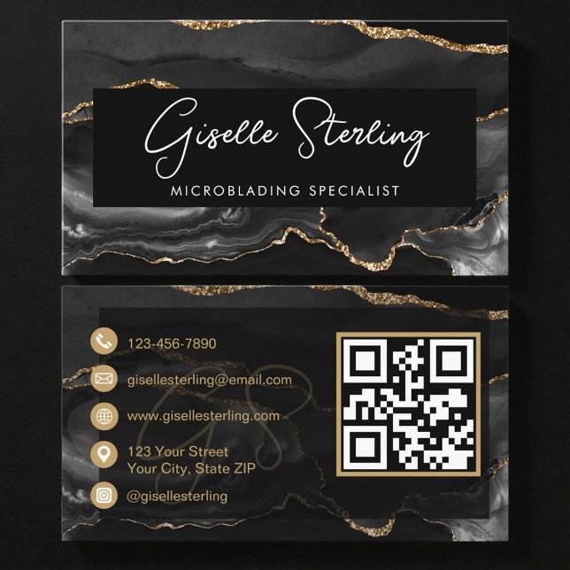 Cartão De Visita Código QR de Microblading Black Gold  (Criador carregado)