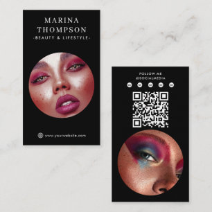 Cartão De Visita Código QR de Mídia Social de Foto Preta de Influen