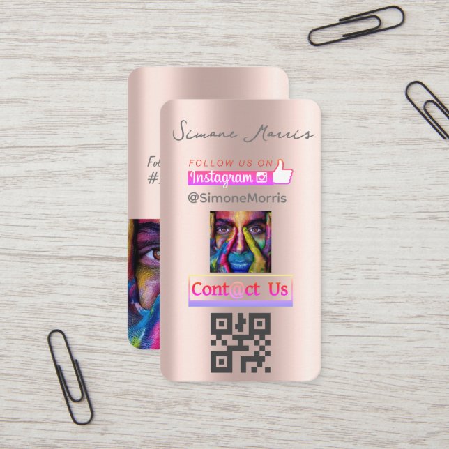 Cartão De Visita Código QR de mídia social Dourada rosa - Fotografi (Frente/Verso In Situ)