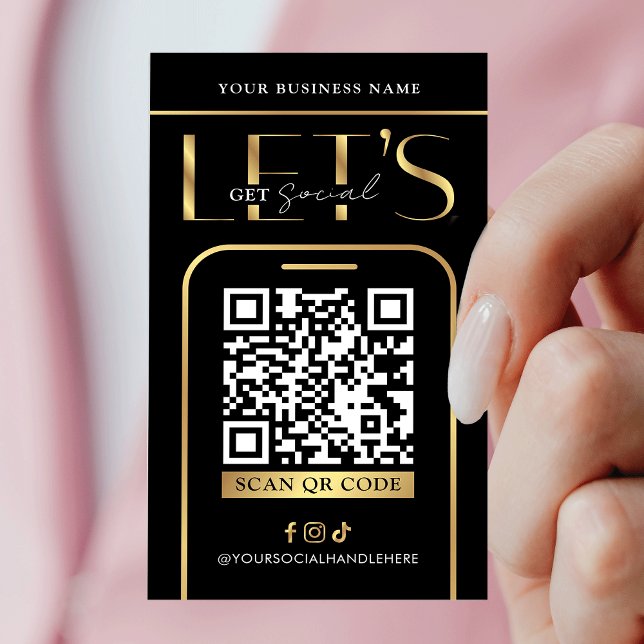 Cartão De Visita Código QR de Mídia Social Logotipo Preto e Dourado (Modern black and gold QR code business cards - great to promote your social media or website)