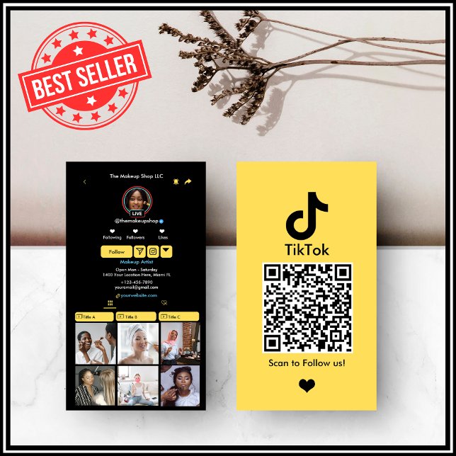 Cartão De Visita Código QR de mídia social TikTok amarelo (Criador carregado)