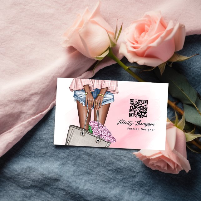 Cartão De Visita Código QR de moda em jeans rosa e azul (Criador carregado)