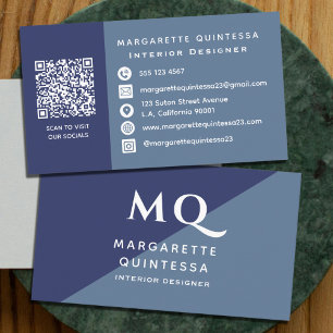 Cartão De Visita Código Qr de Monograma Azul e Branco do Marinho Mo