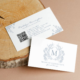 Cartão De Visita Código QR de Monograma com Crista Floral Azul Empo
