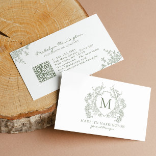 Cartão De Visita Código QR de Monograma com Crista Floral em Verde