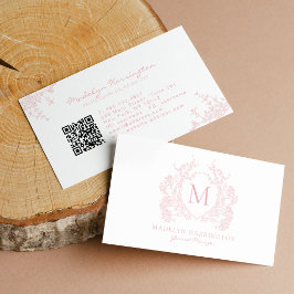 Cartão De Visita Código QR de Monograma com Crista Floral Rosa Clás
