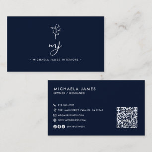 Cartão De Visita Código QR de Monograma com Letra de Forma Elegante