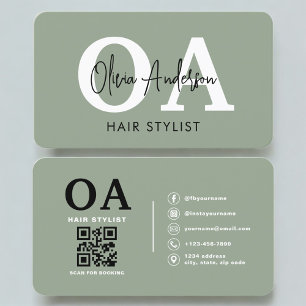 Cartão De Visita Código QR de Monograma de Estilista de Cabelo Verd