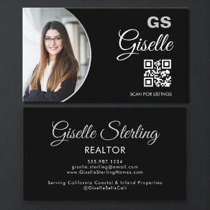 Cartão De Visita Código QR de Monograma de Foto Preto Prata para Co