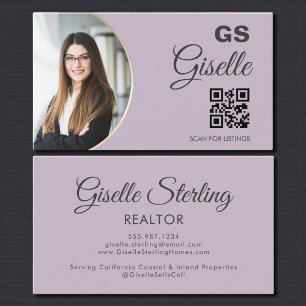 Cartão De Visita Código QR de Monograma de Foto Roxo Lavanda para C
