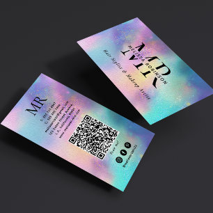 Cartão De Visita Código QR de Monograma Holográfico Moderno e Mídia