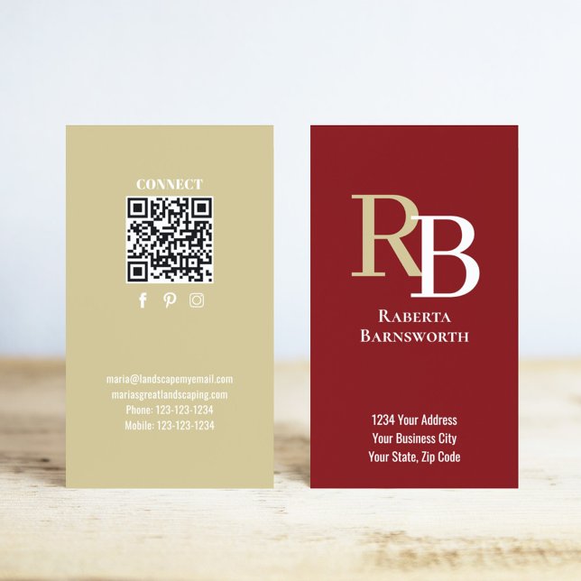 Cartão De Visita Código QR de Monograma Simples Burgundy | Conecte- (Burgundy and gold monogram business card.)