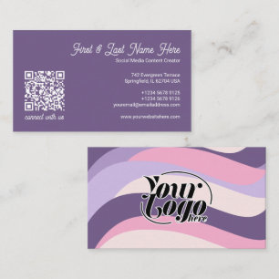 Cartão De Visita Código QR de Ondas Listras Coloridas Rosa e Roxo