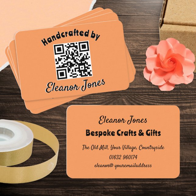 Cartão De Visita Código QR de Pêssego do Artesanato de Arte Russo (Introduce your business in style with these pretty peach colored cards, with custom QR code)