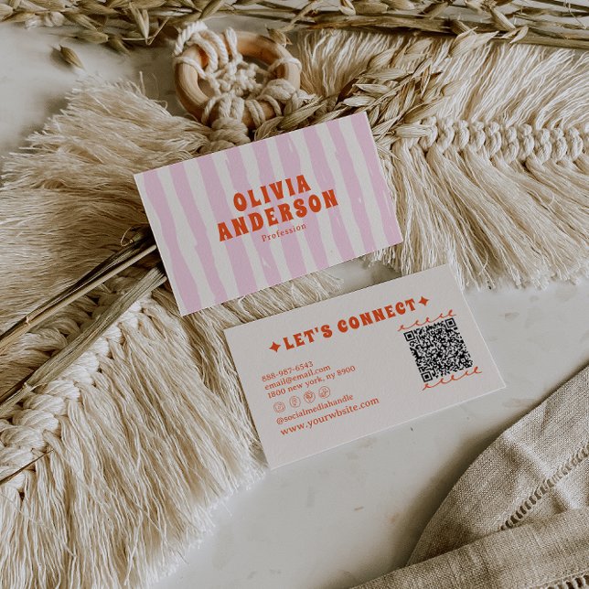Cartão De Visita Código QR de Pinstripes Girly Boho Rosa (Criador carregado)