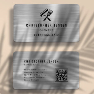 Cartão De Visita Código QR de Pintor Prata Preto Metálico Arredonda
