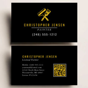 Cartão De Visita Código QR de Pintor Preto Amarelo Pintura