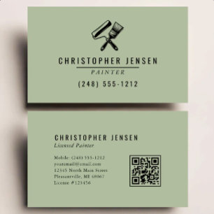 Cartão De Visita Código QR de Pintor Verde Sage Preto Pintura