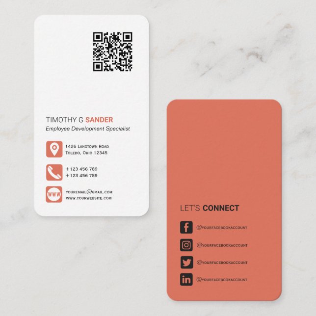 Cartão De Visita Código QR de rede simples terracota de mídia socia (Frente/Verso)