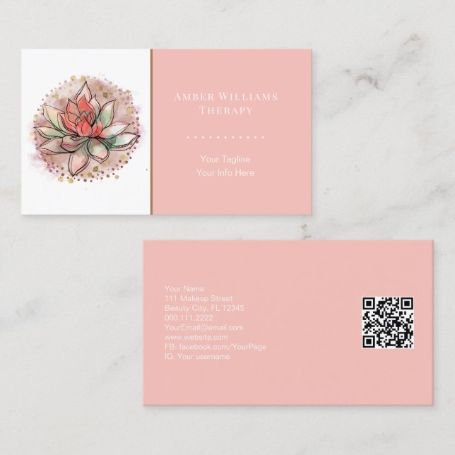 Cartão De Visita Código QR de Reparação de Ioga Suculente do Terapê (Frente/Verso)