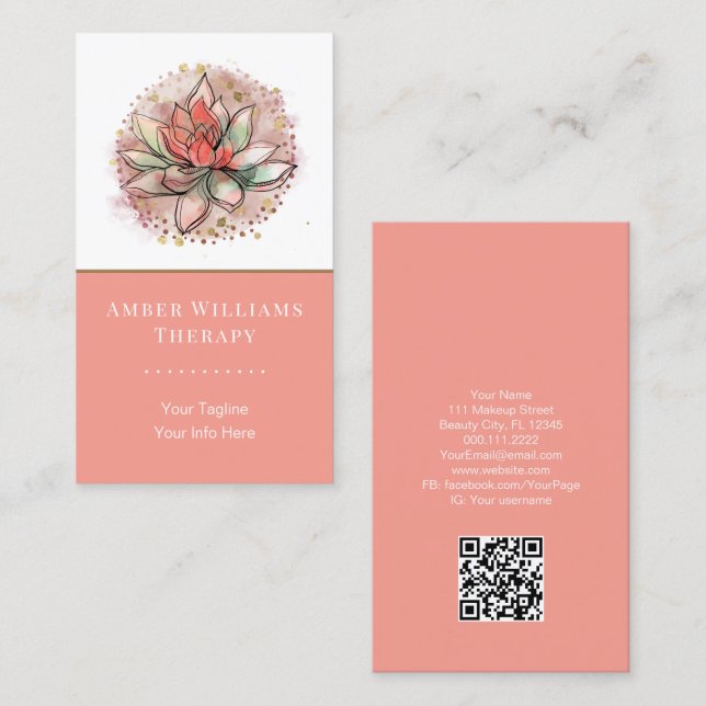 Cartão De Visita Código QR de Reparação de Ioga Suculente do Terapê (Frente/Verso)