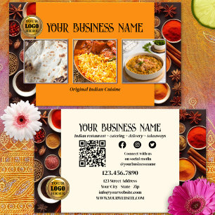 Cartão De Visita Código QR de Restaurante Indiano Foto Mídia Social