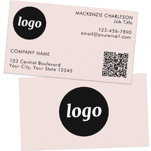 Cartão De Visita Código QR de Rosa Bege com Logotipo e Texto Simple
