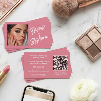 Cartão De Visita Código QR de Rosto de Maquiagem de Rosto Rosa
