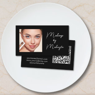 Cartão De Visita Código QR de Rótulo Elegante Foto Maquiagem Preto