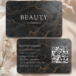 Cartão De Visita Código QR de Salão Preto-Ouro de Mármore Elegante