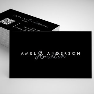 Cartão De Visita Código QR de Script Branco Preto Simples Elegante