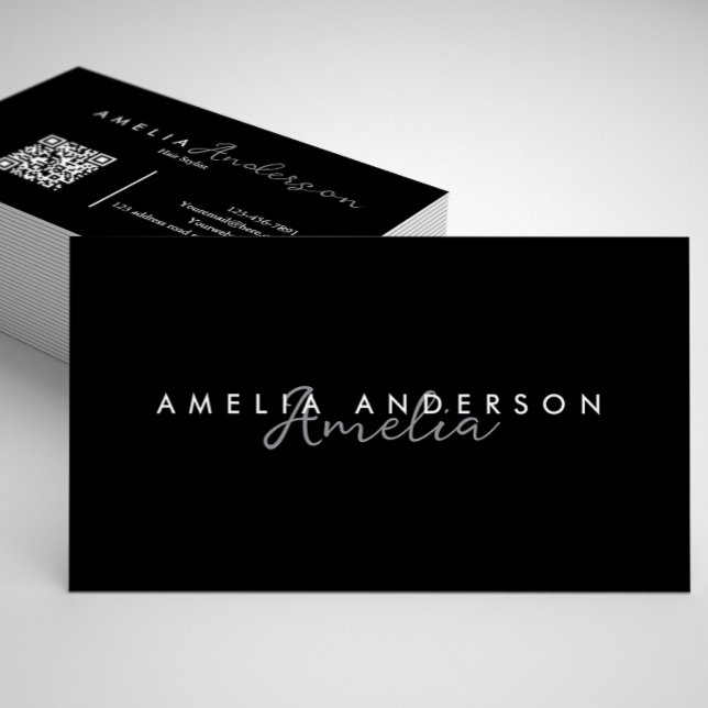 Cartão De Visita Código QR de Script Branco Preto Simples Elegante  (Criador carregado)