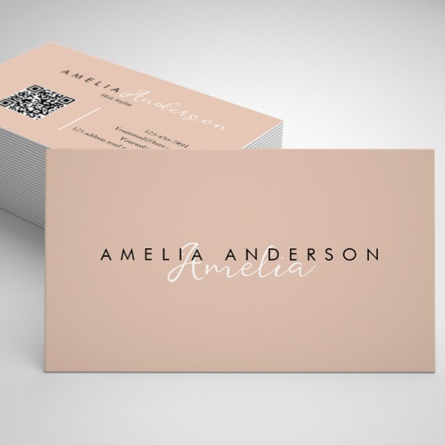 Cartão De Visita Código QR de Script de Beige de Boho Simples Elega (Criador carregado)