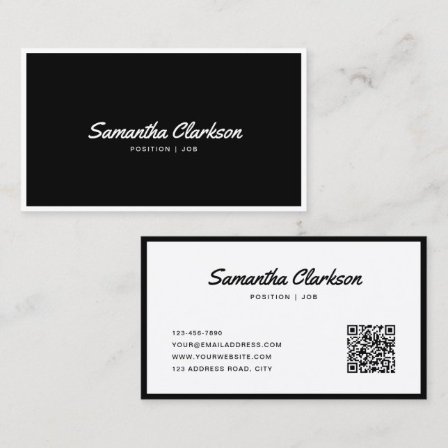 Cartão De Visita Código QR de Script de Mão Simples Preto e Branco  (Frente/Verso)