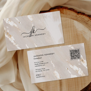 Cartão De Visita Código QR de Script Elegante Folha Dourada Luxo Mí