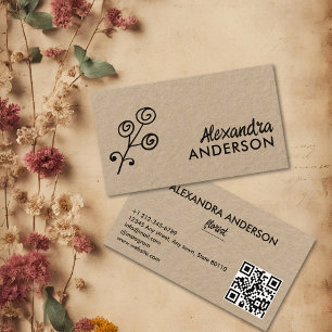 Cartão De Visita Código QR de Script Floral Kraft Mínimo Moderno