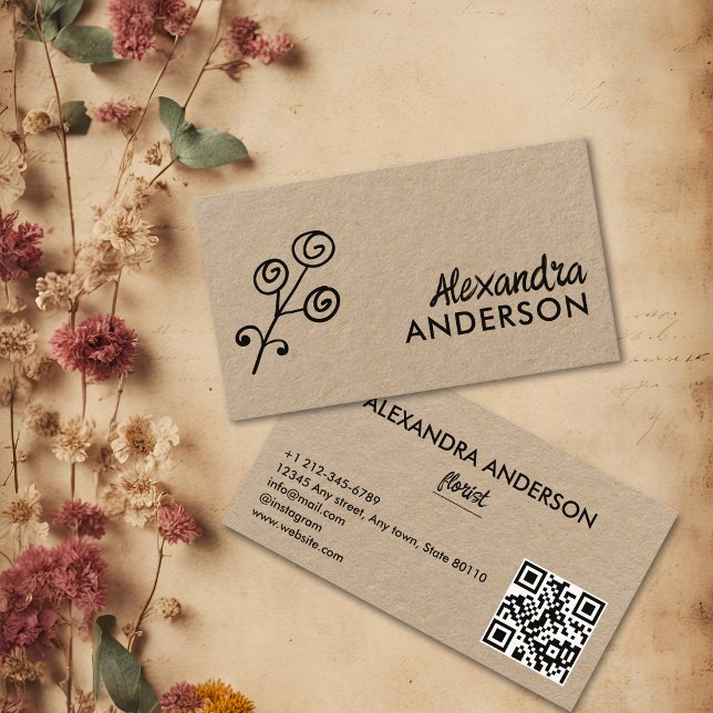 Cartão De Visita Código QR de Script Floral Kraft Mínimo Moderno (Modern Minimal Floral Kraft Script QR Code Business Card)