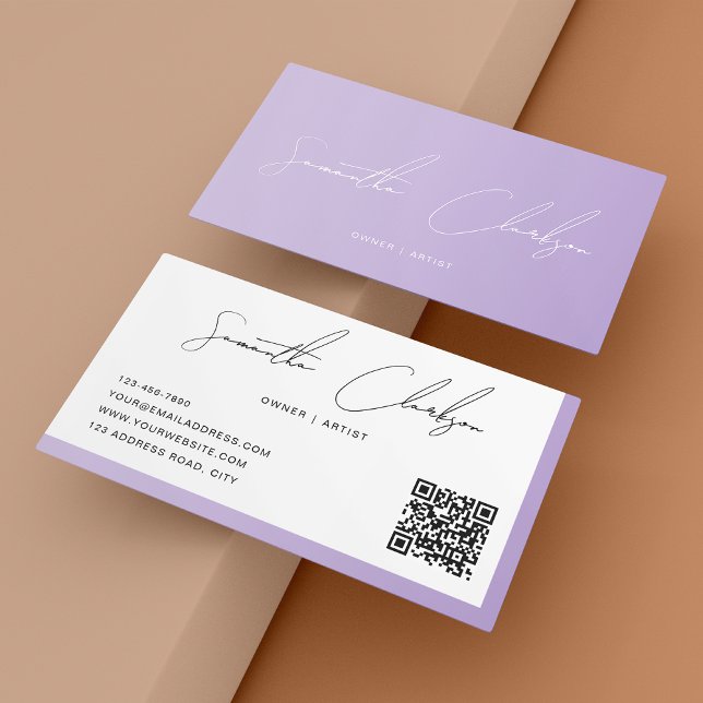 Cartão De Visita Código QR de Script Manuscrito Roxo Simples Blush (Criador carregado)