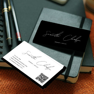 Cartão De Visita Código QR de Script Manuscrito Simples Preto e Bra