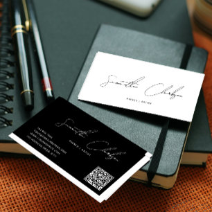 Cartão De Visita Código QR de Script Manuscrito Simples Preto e Bra