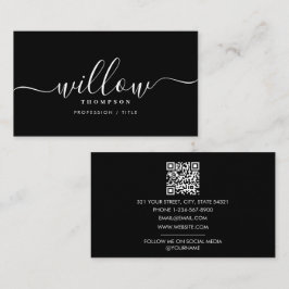 Cartão De Visita Código QR de Script Mínimo Branco Preto