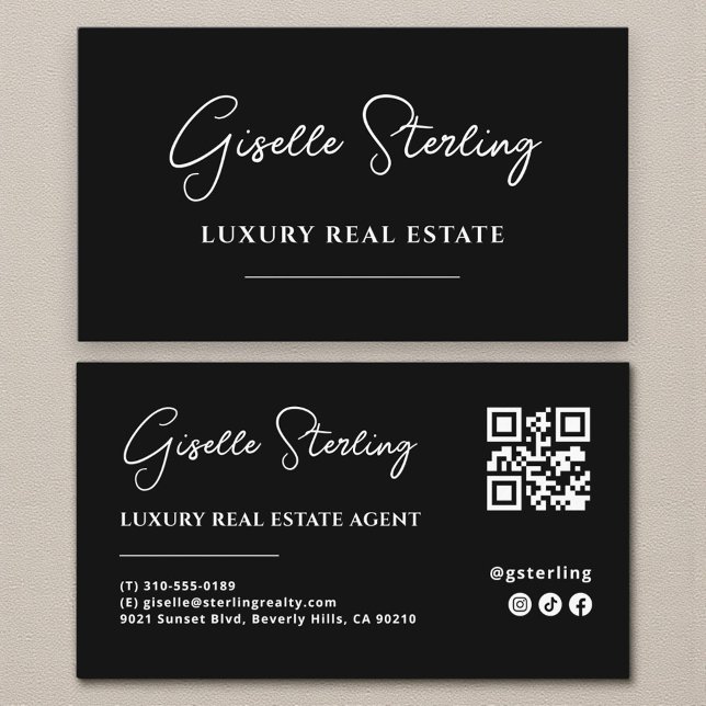 Cartão De Visita Código QR de Script Mínimo Branco Preto (Criador carregado)