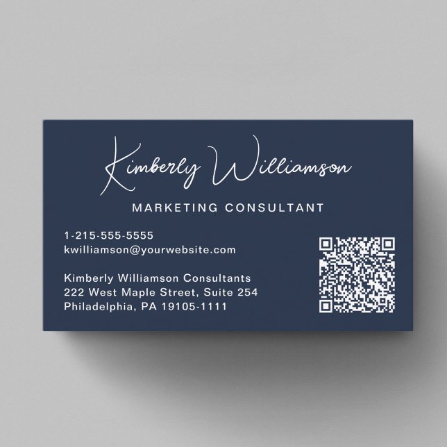 Cartão De Visita Código QR de Script Moderno Profissional Azul (Modern Script QR Code Professional Blue Business Card)