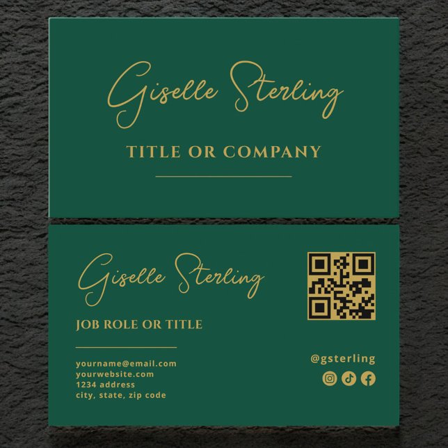 Cartão De Visita Código QR de Script Profissional Dourado Verde Eme (Criador carregado)