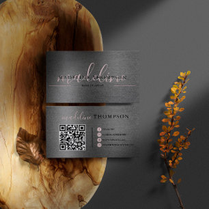 Cartão De Visita Código Qr de Script Rosa Pálido, de Aço Bruto Metá