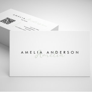 Cartão De Visita Código QR de Script Verde de Sage Simples Elegante
